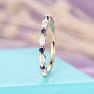 Delicate Diamond & Sapphire Wedding Band, 14K Yellow Gold Ring, Vintage Half Eternity Band Ring, Art Deco Stacking Matching Ring for Women