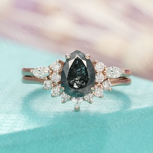 Pear Salt And Pepper Diamond Engagement Ring, Cluster Marquise Cut Diamond Ring, Diamond Curved Wedding Band, 14K Rose Gold Bridal Ring Set