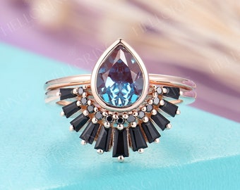 Pear cut Lab Alexandrite engagement ring set Vintage Rose gold ring Baguette black diamond onyx wedding band stacking ring Promise ring