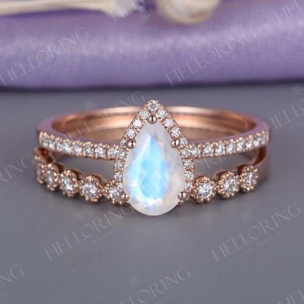 Rose Gold Moonstone Engagement Ring Vintage Delicate Diamond Moissanite Wedding Art deco Bridal set  Pear cut Stacking Anniversary ring
