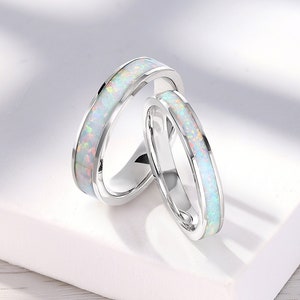 Art Deco Lab Opal Wedding Band, White Gold Eternity Band, Dainty Stacking Matching Ring