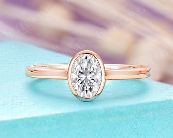 Unique Bezel Set Ring Rose Gold Ring Solitaire Bridal Ring Vintage Oval Cut Moissanite Engagement Ring Gift For Her Promise Anniversary Ring