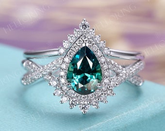 Pear shaped Teal sapphire engagement ring set Blue Green sapphire White gold halo diamond moissanite twisted band Vintage anniversary ring