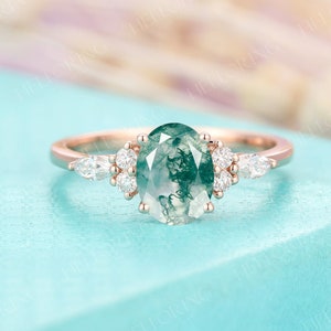 Vintage Oval Moss Agate Engagement Ring, Rose Gold Marquise Cut Moissanite Diamond Wedding Ring, Unique Anniversary Promise Ring for Women