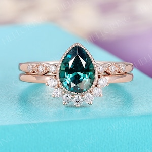 Vintage Teal Sapphire engagement ring Pear Blue green Sapphire ring Rose gold curved wedding band Diamond moissanite ring bridal set ring