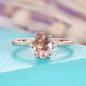 Rose gold Oval Morganite engagement ring simple morganite wedding ring diamond cluster ring bridal ring Promise Anniversary ring