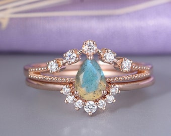 Unique Labradorite Engagement ring set Rose gold Art deco Prong set ring set Unique Diamond/moissanite ring set Anniversary ring set