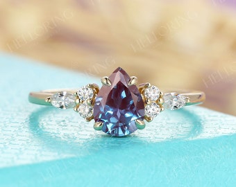 Vintage alexandrite ring Pear cut engagement ring yellow gold moissanite Diamond ring prong set ring Anniversary ring Marquise ring