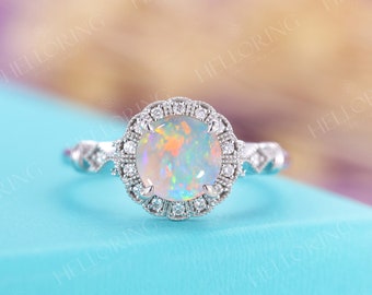 Zircon Ring Leaf Ring Gift For Mom Solitaire Ring Natural Opal Engagement Wedding Ring Vintage Art Deco Ring