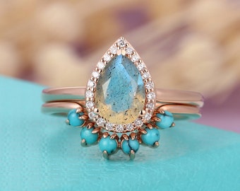 Labradorite engagement ring set Rose gold ring set pear shaped halo diamond ring set Curved Turquoise wedding band set Anniversary ring