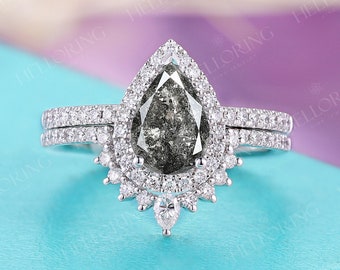 Salt and Pepper Diamond Engagement Ring Set, Pave Moissanite Halo Ring, Matching White Gold Curved Wedding Band