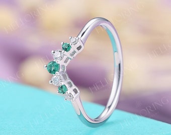 Diamond Emerald curved Wedding band white gold vintage lab emerald Matching Stacking Unique Art deco Simple Anniversary Promise ring