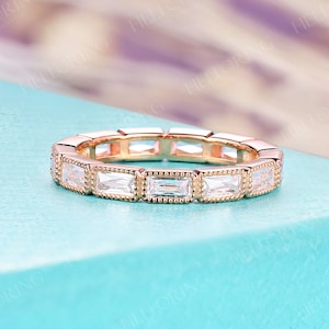 Vintage baguette shape moissanite wedding band milgrain ring full eternity band bezel set wedding ring anniversary bridal band art deco ring