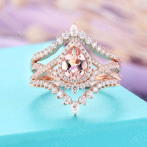 Vintage Morganite Engagement Ring Set, Diamond / Moissanite Halo Ring, Rose Gold Bridal Ring, Twisted Band Ring, Custom Curved Wedding Band