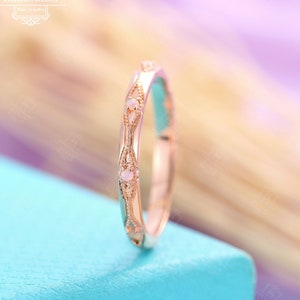 Vintage opal wedding band Rose Gold Women Unique Bridal Art Deco Stacking Engrave antique Birthstone Alternative Anniversary Promise ring