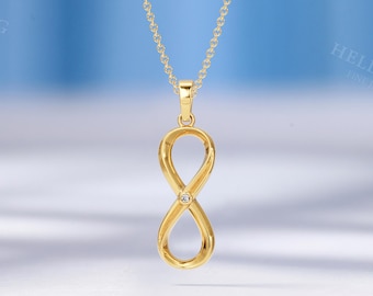 Infinity Solid Gold Pendant with Natural Diamond, Birthstone Pendant, Anniversary Gift for Her