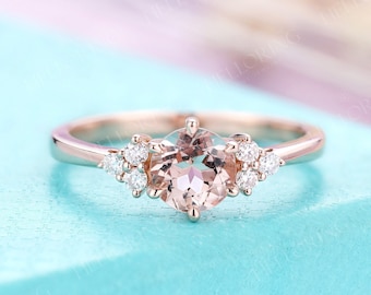 Unique Round cut Morganite Rose gold Vintage Engagament ring set cluster engagement ring Seven Stone Birthstone Bridal Anniversary ring