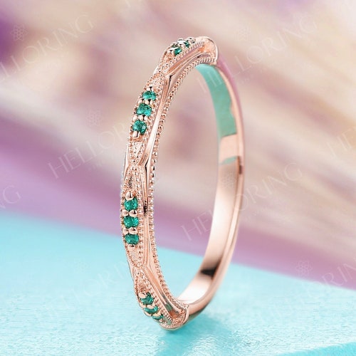 Vintage Round Lab Emerald Wedding Band Rose Gold Ring Unique - Etsy