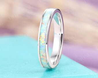 3mm Opal Wedding band women art deco white gold full eternity band vintage Unique Dainty Stacking Matching band Bridal anniversary ring