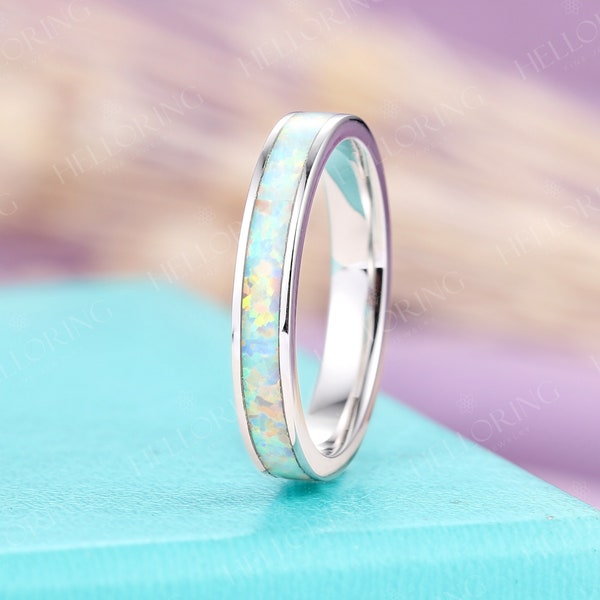 3mm Opal Wedding band women art deco white gold full eternity band vintage Unique Dainty Stacking Matching band Bridal anniversary ring