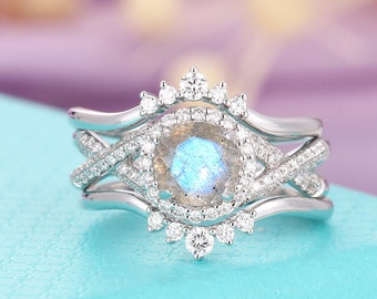 Labradorite engagement ring set white gold Halo set diamond moissanite wedding ring Anniversary Promise rings Stacking Half eternity ring