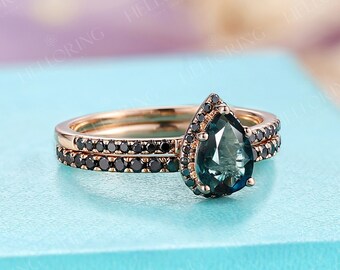 Vintage teal sapphire engagement ring set blue green sapphire ring black diamond wedding band half eternity ring art deco promise ring