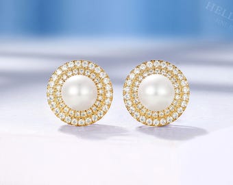 FreshWater Pearl Stud Earrings: Diamond Double Halo, Yellow Gold Earrings, Anniversary Gifts
