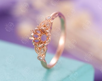 Vintage Engagement Ring Setting Diamond Semi mount Women Milgrain Swoop Antique Claw Prong Leaf Art deco 5.1mm Round cut