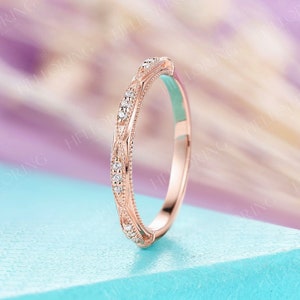 Round cut natural diamond wedding band Vintage rose gold band Half eternity ring milgrain band Straight matching band anniversary ring