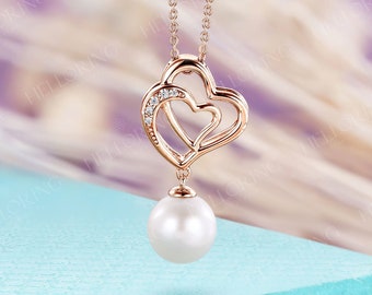 Unique Double Heart Necklace Diamond Rose Gold Necklace Elegant Pearl Pendant Necklace Handmade Love Pendant Anniversary Couple's Necklace