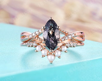 Bridal Set Marquise Cut Black Rutilated Quartz Engagement Ring Set Rose Gold Twist Ring Round Cut Diamond Curved Band Pearl Chevron Ring