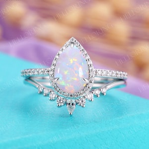 Vintage Pear shaped Lab opal Engagement ring set, White gold Moissanite Diamond Wedding ring halo Anniversary promise ring