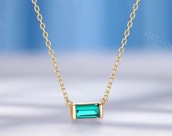 Minimalist Baguette cut Emerald Necklace, Women Gemstone Necklace, Birthday Gift for Her by HelloRing