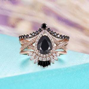 Pear black onyx engagement ring Vintage Rose gold twisted ring Half eternity pave band Curved black diamond wedding band Halo bridal set