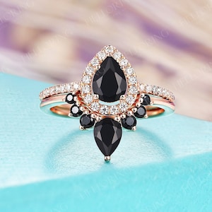 Vintage pear cut black onyx diamond engagement ring set halo ring moissanite Proposal pave ring anniversary bridal ring set art deco ring