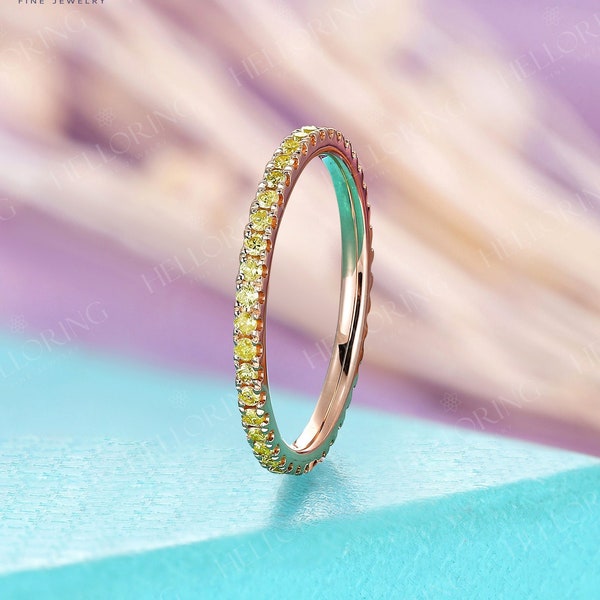 Yellow Diamond Wedding Band  Full Eternity stacking Birthstone Bridal Micro Pave Everyday ring simple matching Promise Anniversary ring