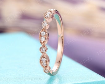 Stacking Ring Vintage Diamond Wedding Band Rose Gold Art Deco Antique Milgrain Bridal Unique Half Eternity Promise Anniversary ring