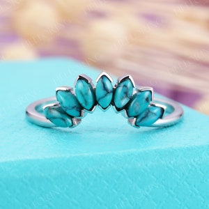 Vintage Marquise Cut Natural Turquoise Wedding Band, White Gold Curved Band, Stacking Matching Band, Bridal Ring, Anniversary Promise Band