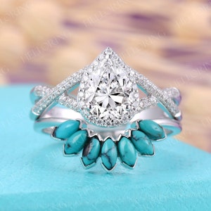 Vintage pear Moissanite Engagement ring set White gold curved band turquoise Wedding band halo twisted band Anniversary Promise ring