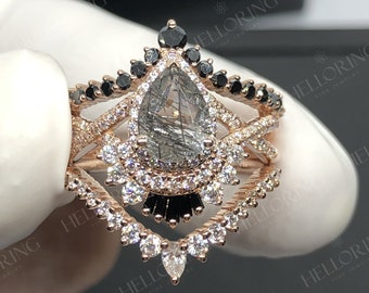 Vintage Pear shaped Black Rutilated Quartz engagement ring set rose gold black onyx diamond moissanite diamond twisted band Anniversary ring