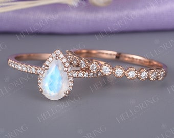 Rose Gold Moonstone Engagement Ring Vintage Delicate Diamond Wedding  Bridal set Art deco Simple Pear Cut Stacking Anniversary Promise ring