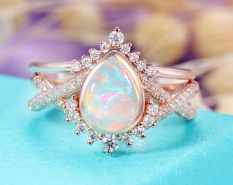 Opal engagement ring set rose gold Vintage Wedding ring set Women Twisted Diamond Moissanite band Pear shaped Bridal Set Anniversary ring