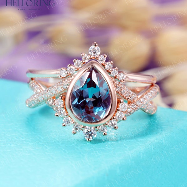 Alexandrite Engagement ring set Vintage Rose gold wedding ring Pear shaped Curved band diamond Moissanite band Anniversary ring