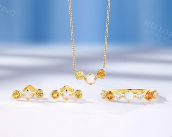 Three Stone Jewelry Set - Opal , Citrine & Yellow Sapphire Wedding Ring Blessing Necklace Birthstone Ring Gift For Her - Custom By HelloRing