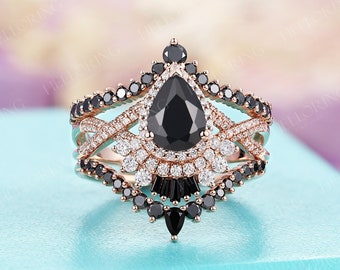Vintage Black onyx engagement ring Rose gold pear engagement ring halo Diamond moissanite Black diamond wedding band Curved bridal set ring