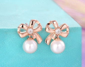 Dainty Pearl Stud Earrings rose gold bow 14k stud earrings gift for her Christmas round cut Moissanite Earrings tie shape Earrings Stud