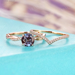 Vintage lab alexandrite engagement ring set twist ring moissanite diamond ring curved band pave Half eternity band promise bridal set ring