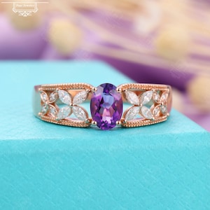 Vintage Oval cut Amethyst engagement ring marquise moissanite wedding Rose Gold ring Bridal Art deco Anniversary Promise ring