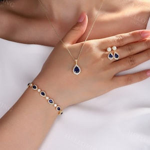 Vintage Halo Jewelry Set, Yellow Gold Teardrop Sapphire Pendant, Sterling Silver CZ Drop Earrings, Special Bracelet Birthday Gift for Her