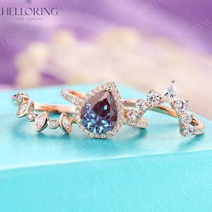 Vintage Lab Alexandrite Engagement Ring Set, Halo Moissanite Ring, Half Eternity Ring, Solid Gold Ring, Custom Promise Bridal Ring for Women